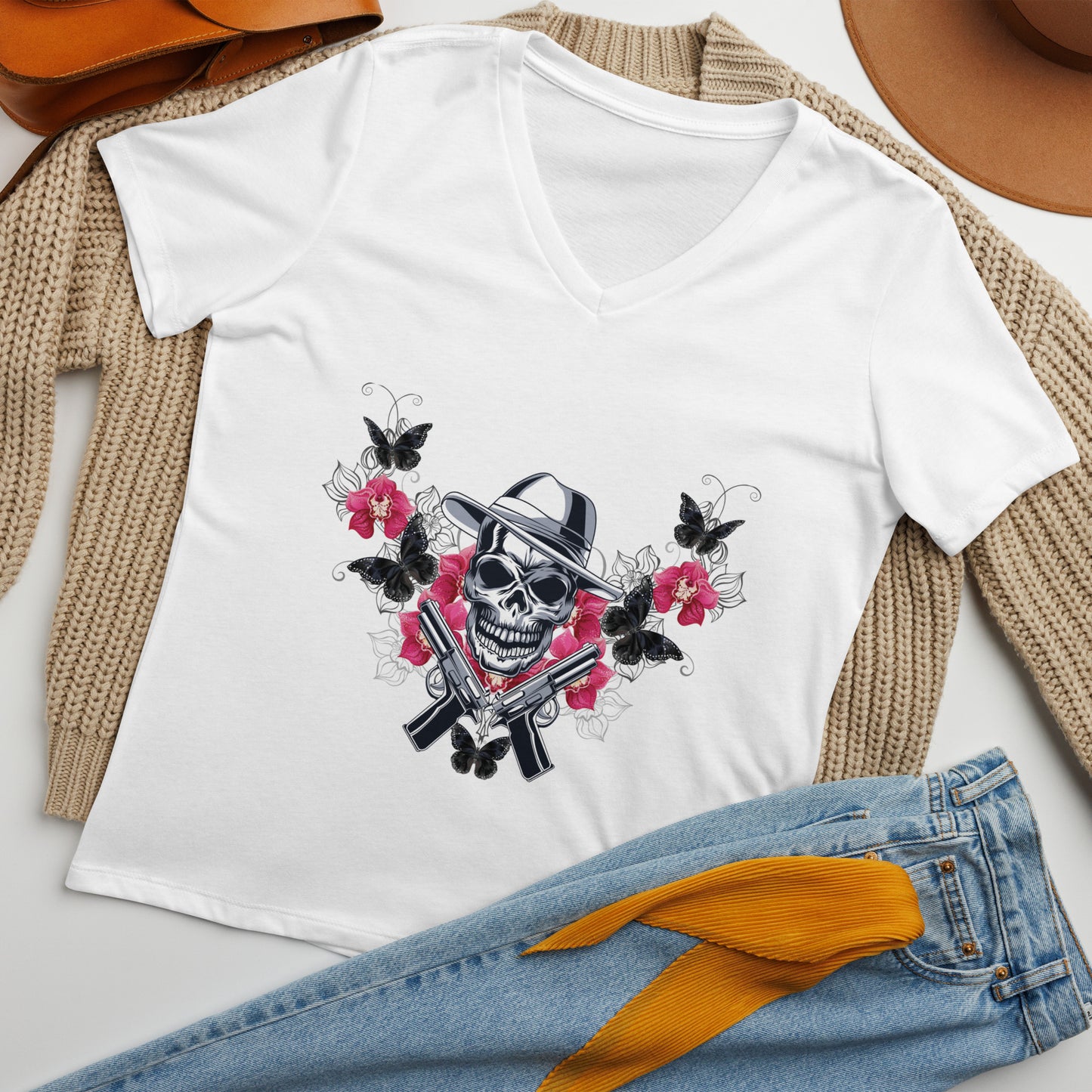 Flower Gun Skull Women’s relaxed v-neck t-shirt
