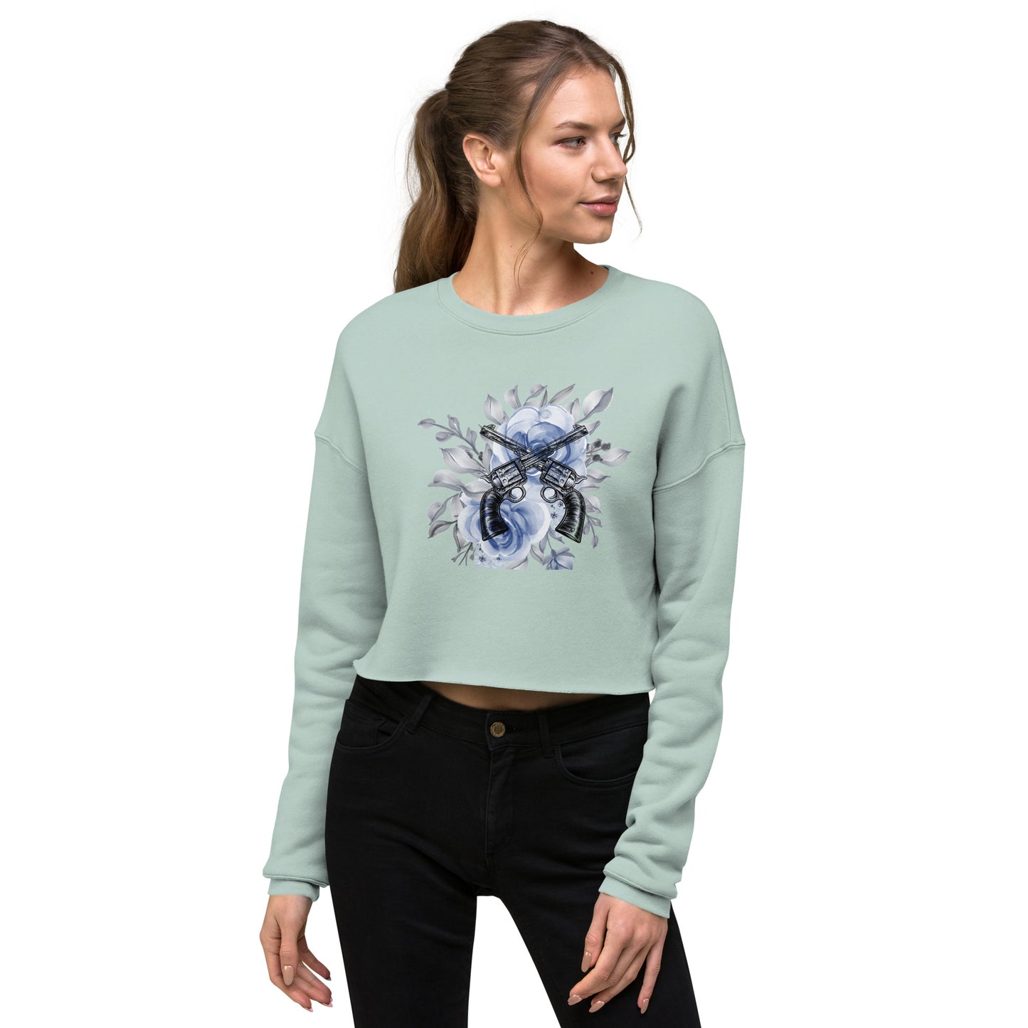 Blue Flower Gun Crop Sweatshirt